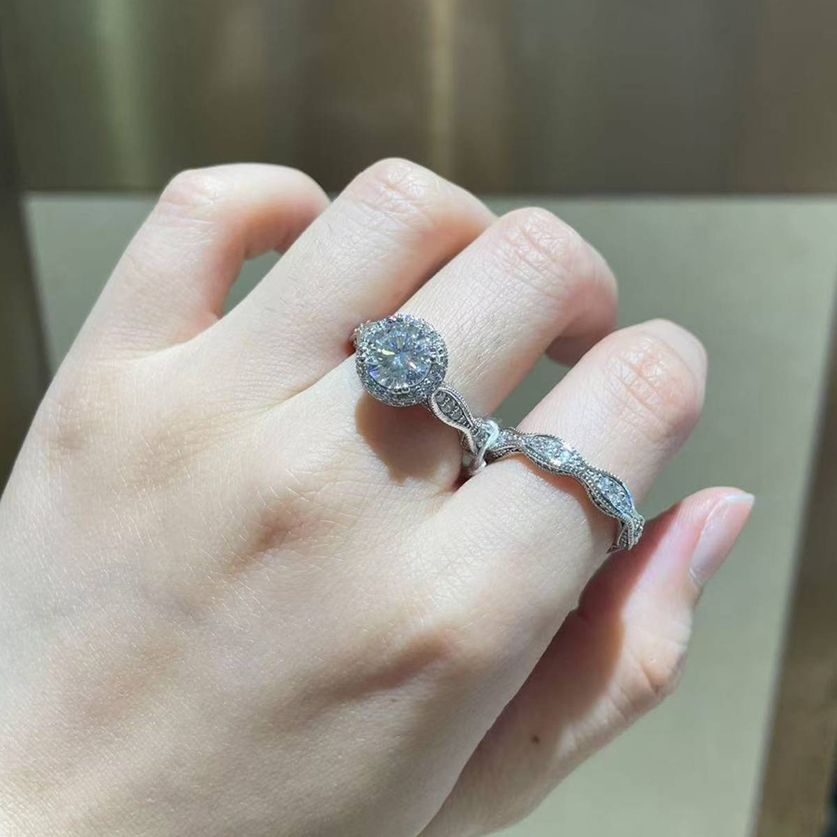 S925 Silver Plated Platinum Primary and Secondary Set Ring Stacked Women's Ring Customized Selection Main Stone Moissanite 1.5ct/Side Stone Cubic Zirconia